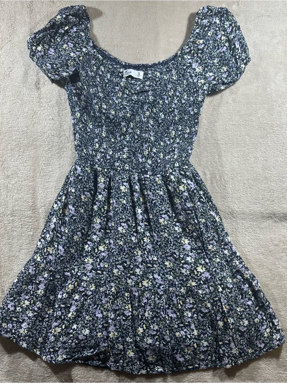 Hollister Navy Floral Smocked Midi Dress with Lilac Accents